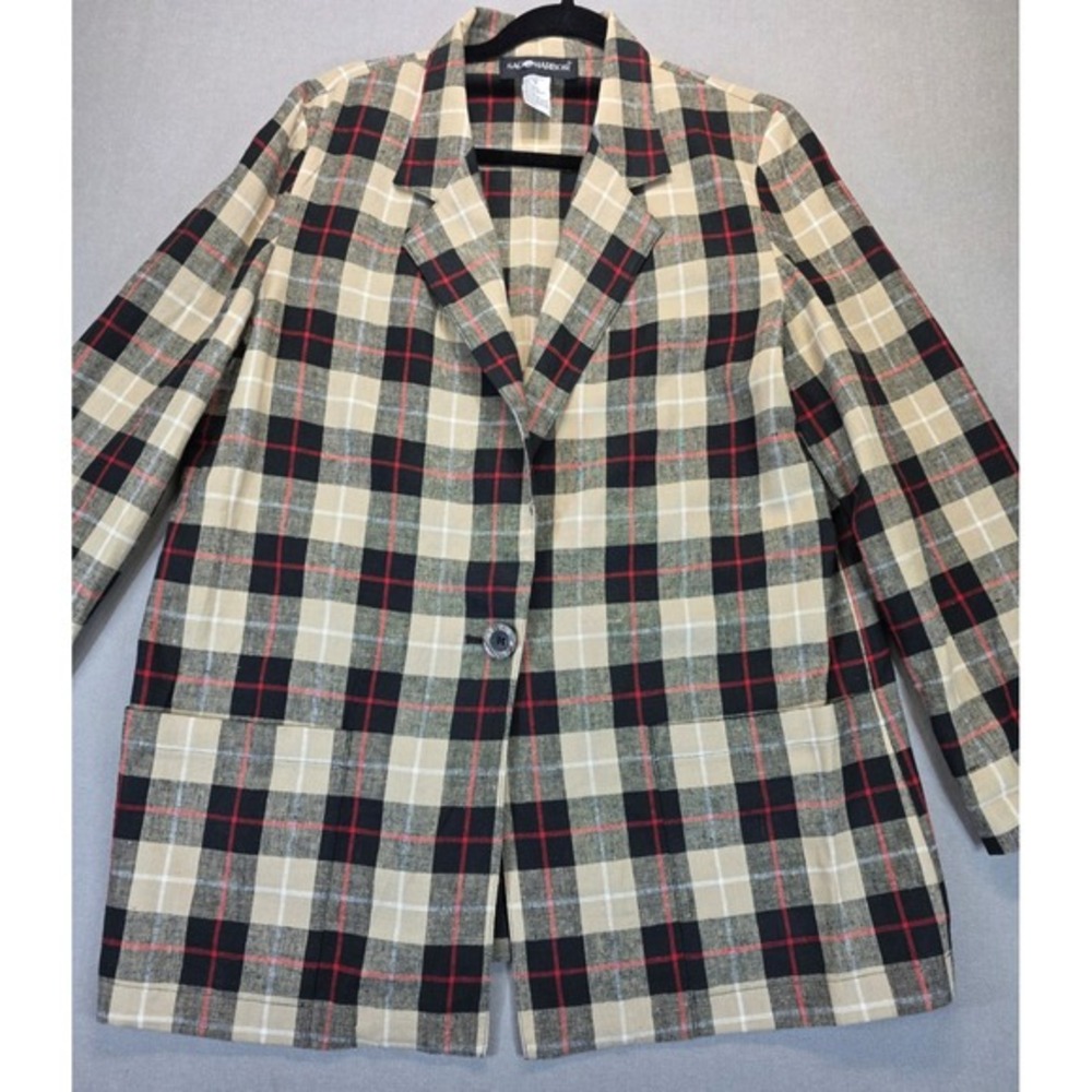 Vintage Womens Linen Blend Blazer 12 Tartan Plaid 1‎ Button Staple Sag Harbor